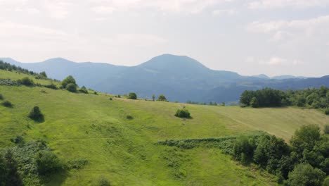 aerial view of green landscape of rural serbia, countryside pastures, mountains on sunny summer day, drone shot