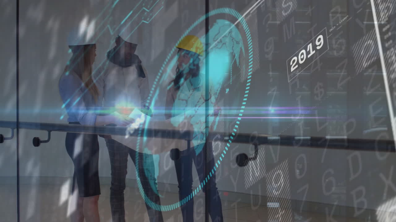 In school, business professionals discussing plans with digital world map animation