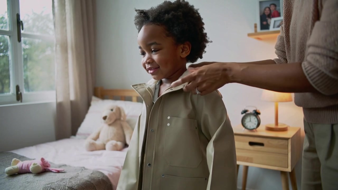 Helping caregiver guiding child slipping arms into beige coat in child bedroom, preparing to go out