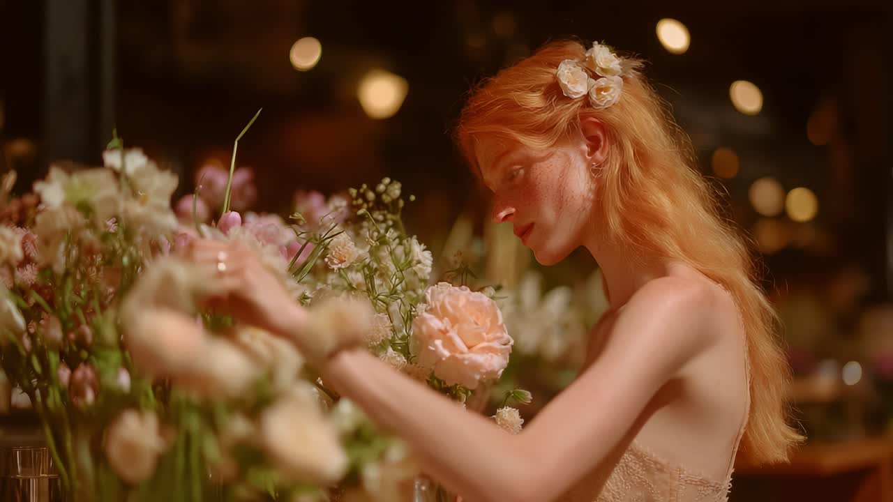 An Enchanting Moment: A Young Woman with Flowing Red Hair Basks in the Beauty of a Floral Array, Capturing a Serene Instinct Amidst Blooms and Soft Lighting