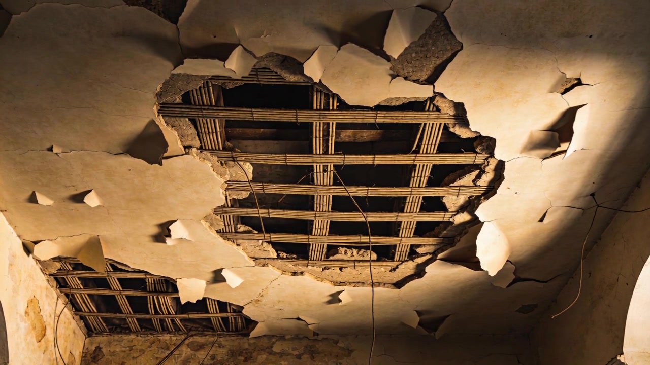 Shifting warm light revealing ceiling hole showing lath, wires and peeling plaster in period room