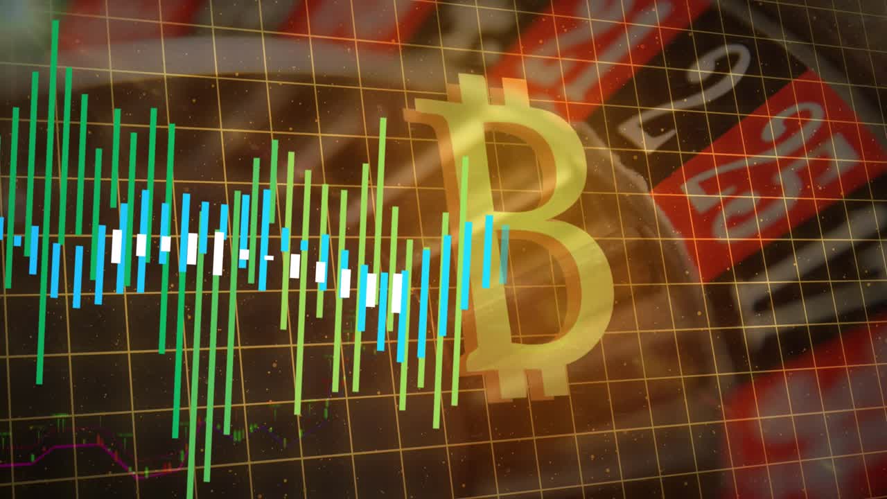 Animazione di elaborazione dati finanziari su simbolo Bitcoin.