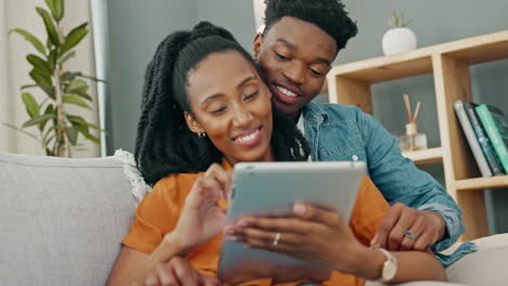 Love,-sofa-and-black-couple-shopping-on-tablet