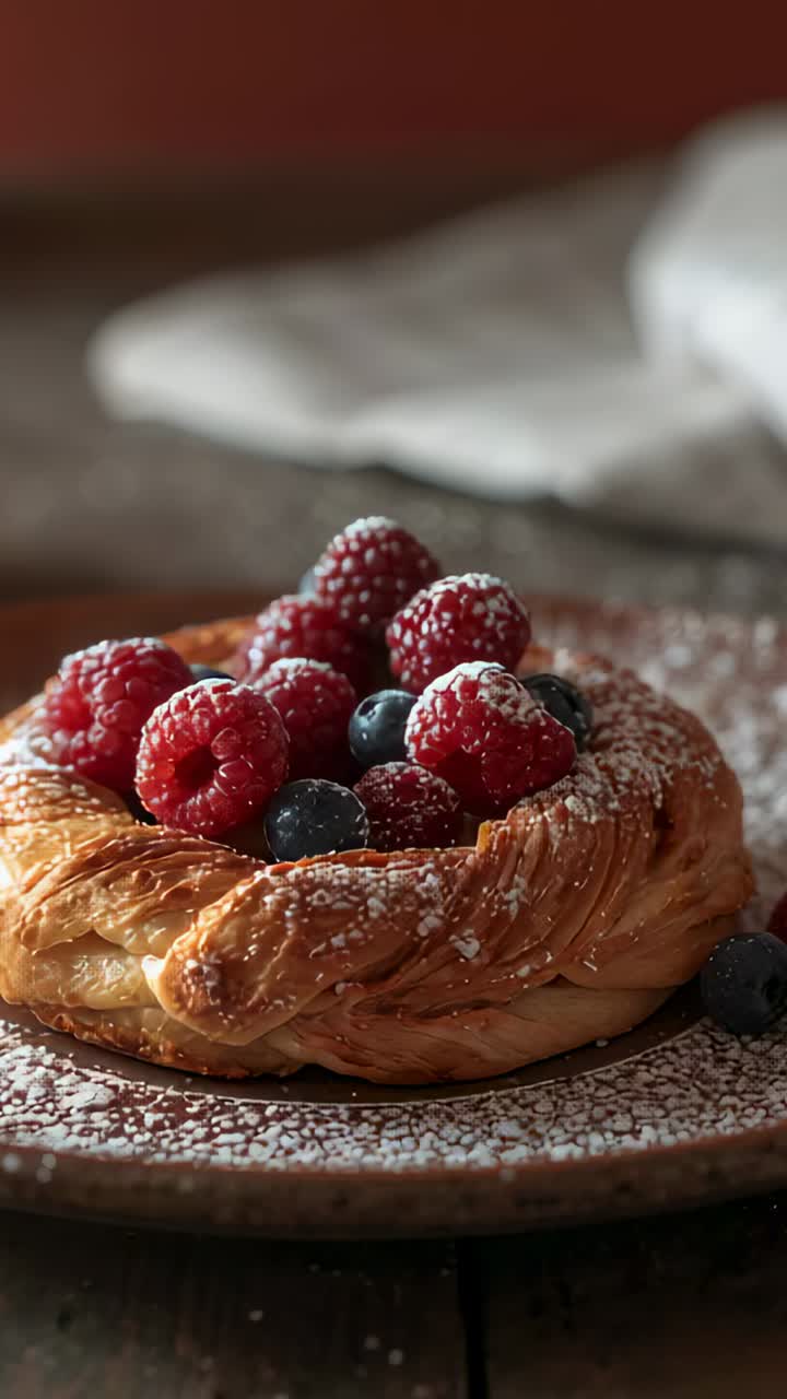 Vertical video: Framing Danish pastry revealing flaky layers and berries on rustic table, dusted
