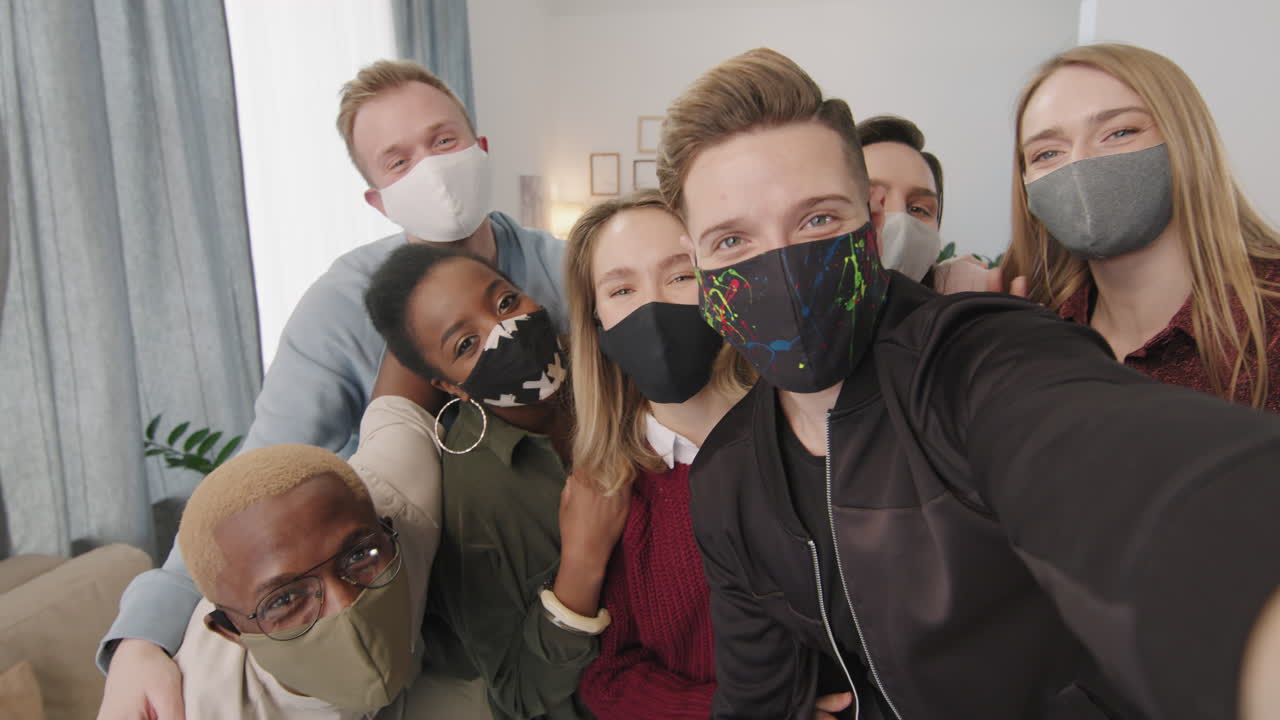 POV of Friends in Face Masks Taking Selfie