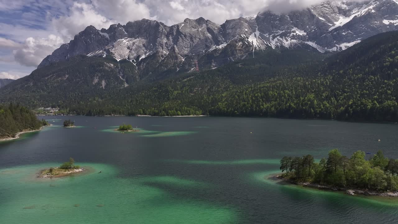 Panoramic aerial view of the famous Eibsee Lake, at the foot of the Zugspitze mountain, the highest peak in Germany