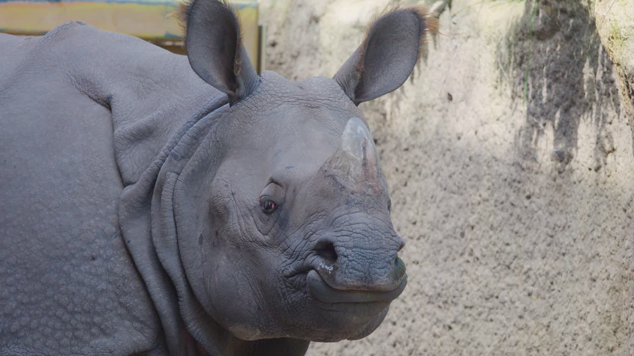 Greater one-horned rhinoceros stands alert in a zoo habitat, captured in soft daylight with steady close-up camera movement and neutral background