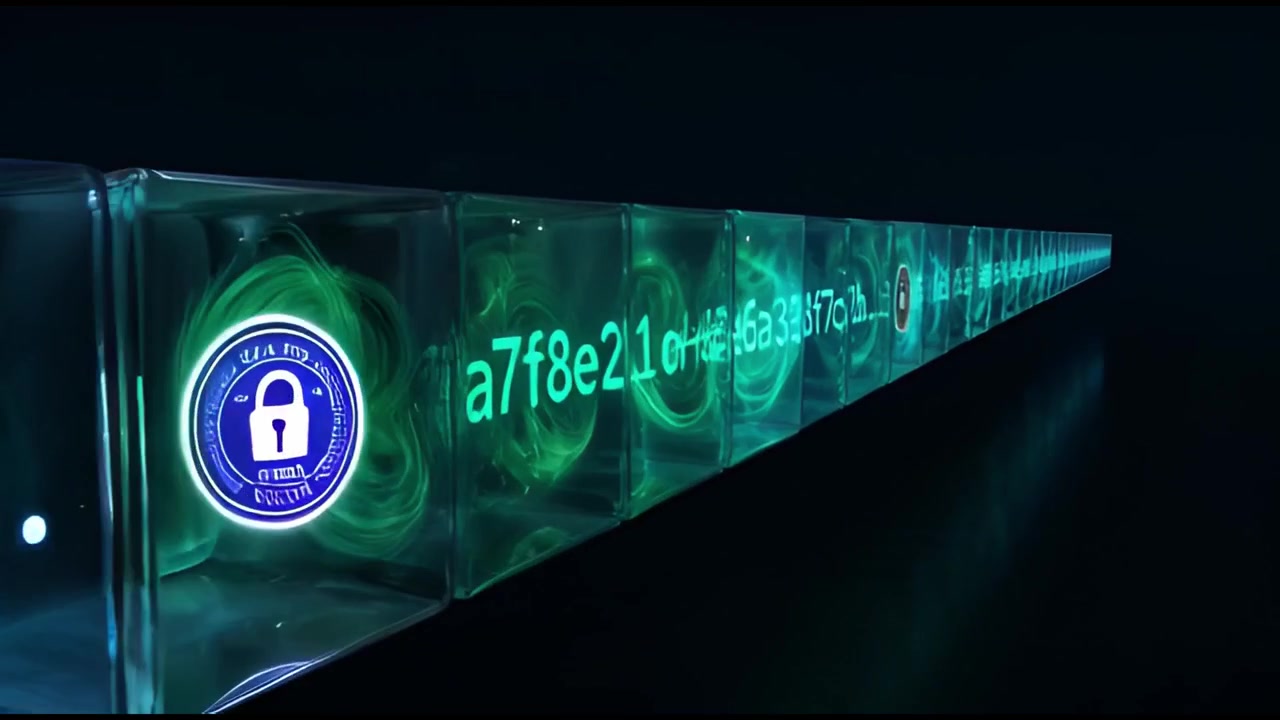 Abstract Blockchain Chain with Glowing Data Cubes and Padlocks