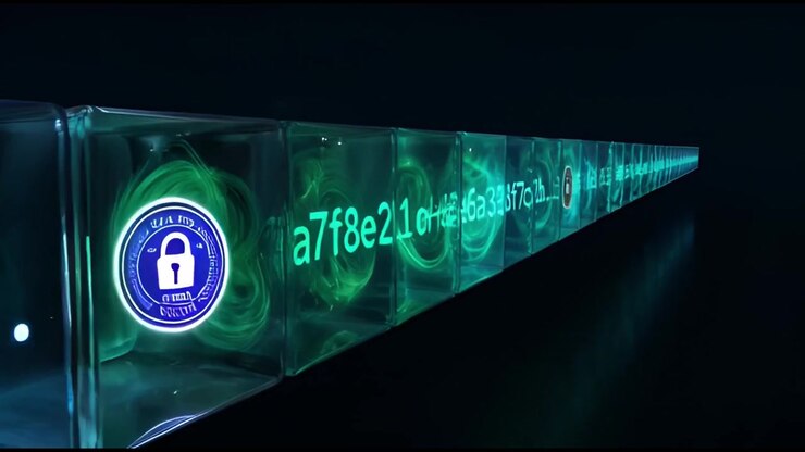 Abstract Blockchain Chain with Glowing Data Cubes and Padlocks