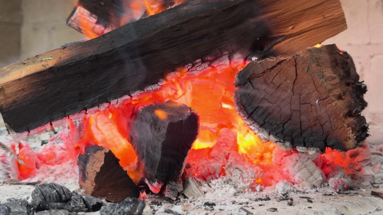 Fire in the fireplace of the restaurant