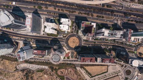 Aerial-hyperlapse-view-of-modern-Santa-Fe-neighborhood-with-busy-traffic-in-Mexico-City