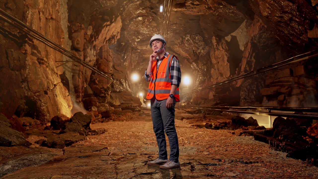 Full Body Side View Of Asian Male Engineer With Safety Helmet Thinking And Looking Around Then Raising His Index Finger While Standing In Underground Mine Tunnel