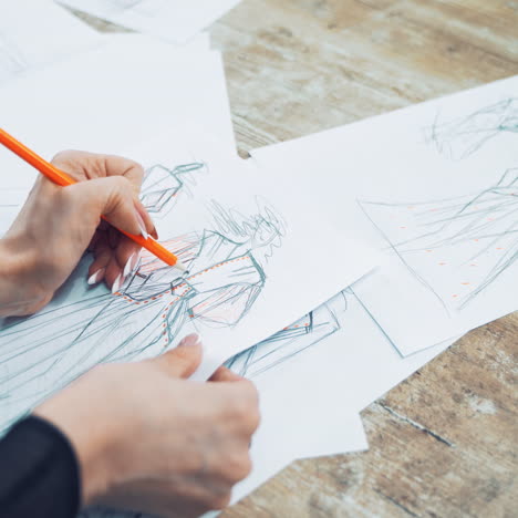 process of drawing sketches of a model dress on papers by a female tailor. professional designer draws illustrations for future dresses with a pencil on the table in atelier.