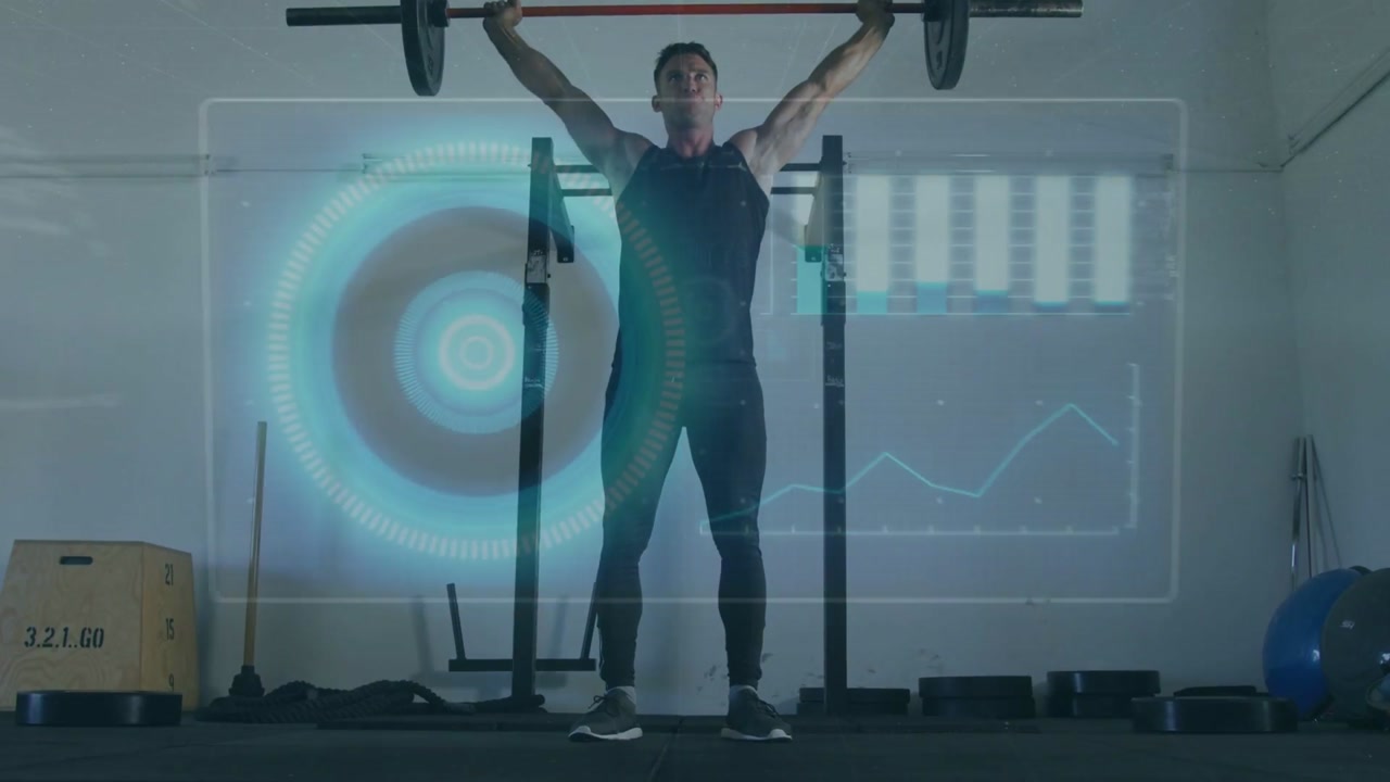 Fitness trainee starting squat and pressing bar for strength, HUD overlays focusing over torso