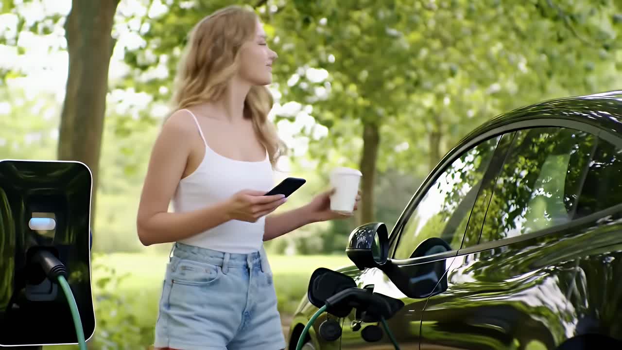 A woman is walking towards a car with a charging station