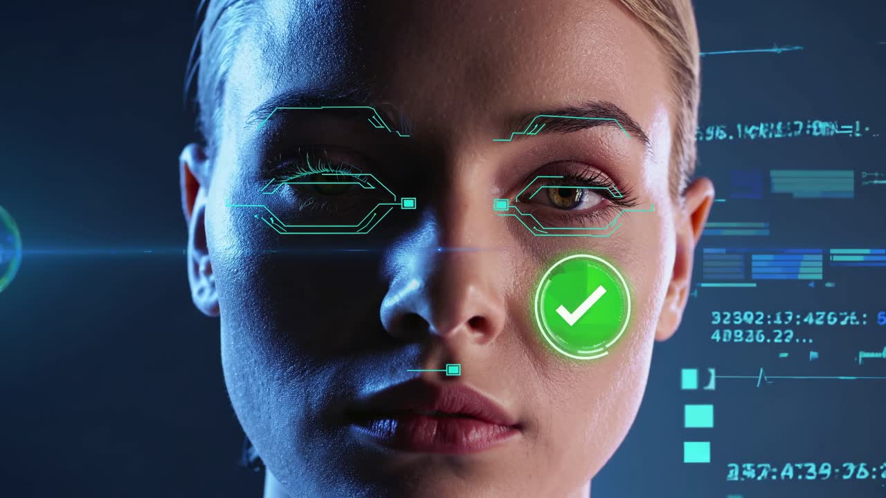 Futuristisk videokoncept med et nærbillede af et ansigt overlejret med digitale data og holografiske elementer.