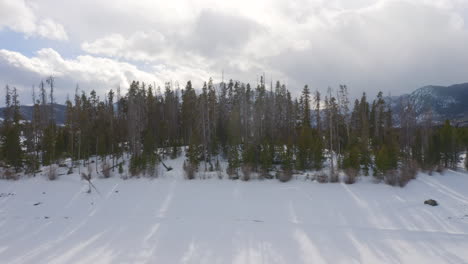 Aerial-moving-forward-and-up-to-reveal-icy,-frozen-lake-surrounded-by-snow-and-green-pine-trees-with-large-snowy-ski-town-mountains-in-the-background-near-Silverthorne-and-Frisco-Colorado