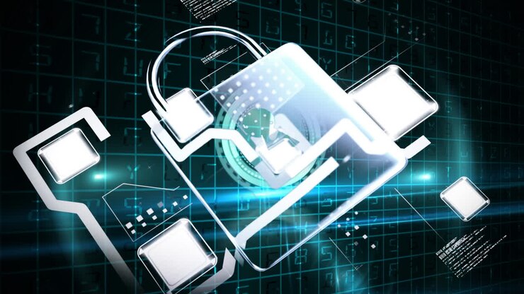 Animation of padlock with computer circuit board and data processing over black background
