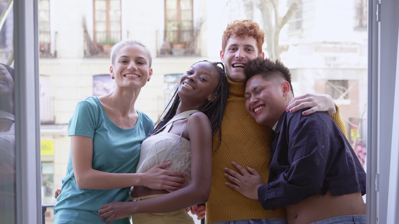 Diverse Group of Friends Embracing and Smiling