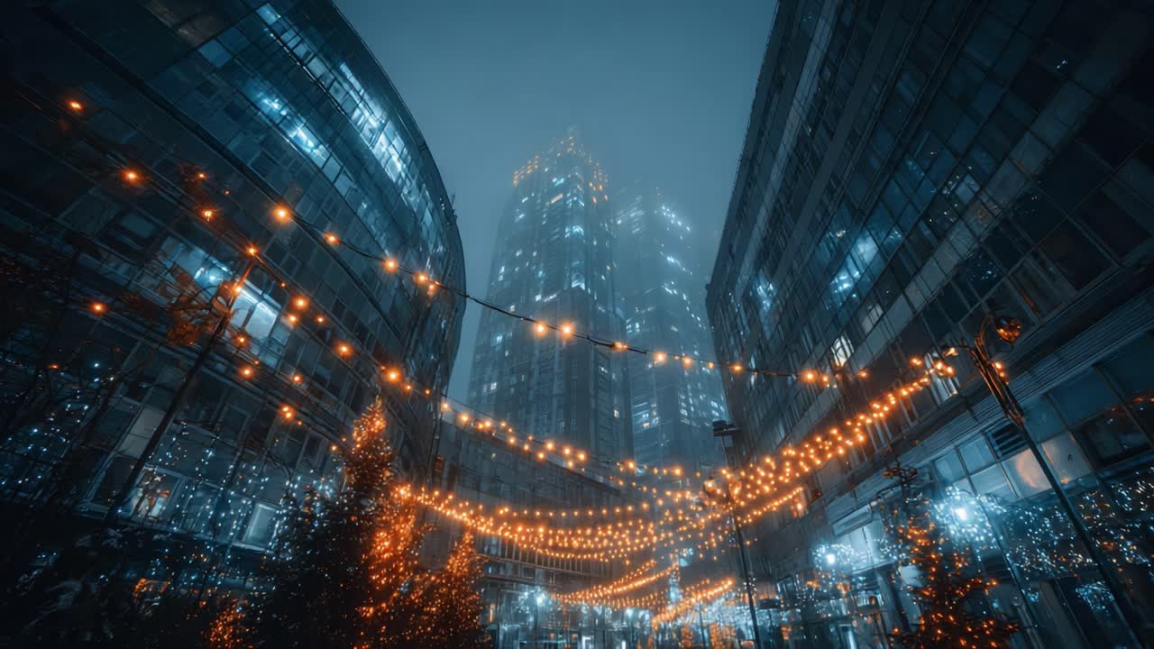 A Glistening Night in the City: Enchanted String Lights Illuminate Tall Buildings Amidst a Foggy Urban Landscape