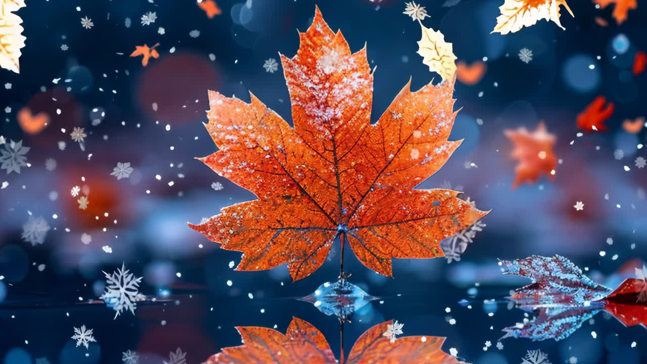 A leaf is floating in a body of water with snowflakes falling around it. Concept of tranquility and peacefulness, as the leaf and snowflakes create a serene and calming atmosphere