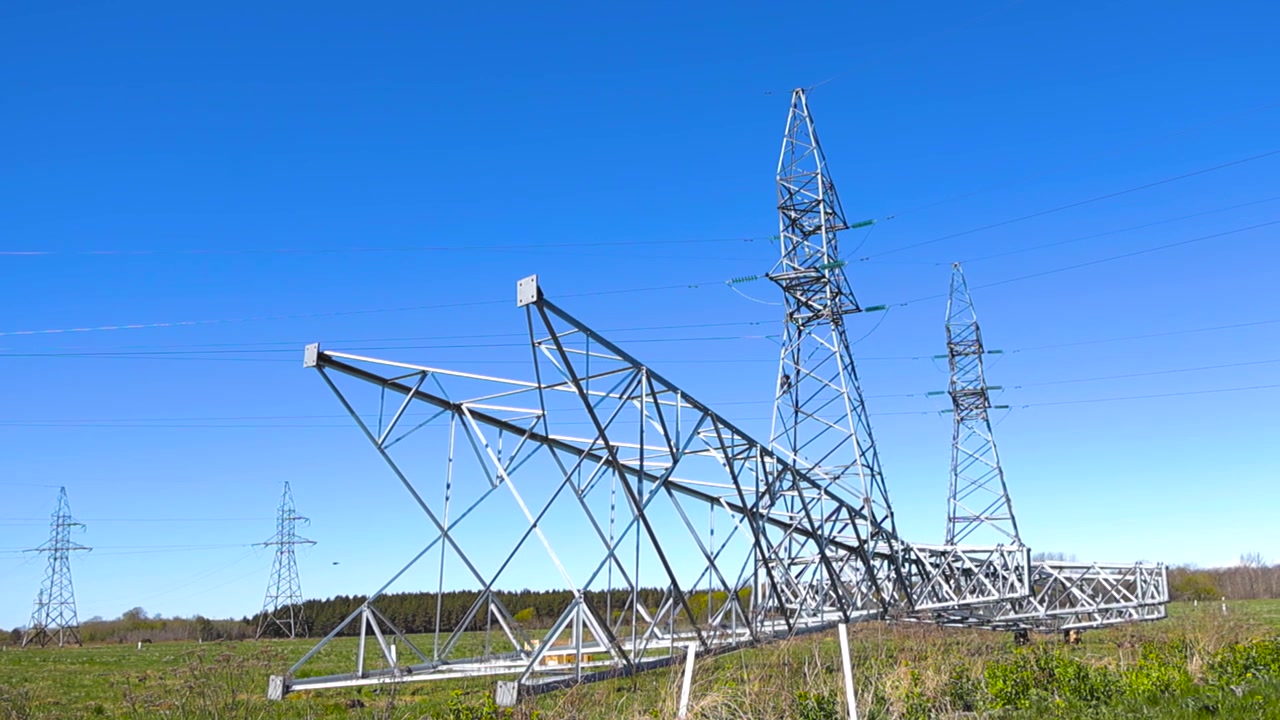 New metal high voltage electricity transmission tower under construction in a green field on a sunny day, showcasing the development of energy infrastructure for power distribution
