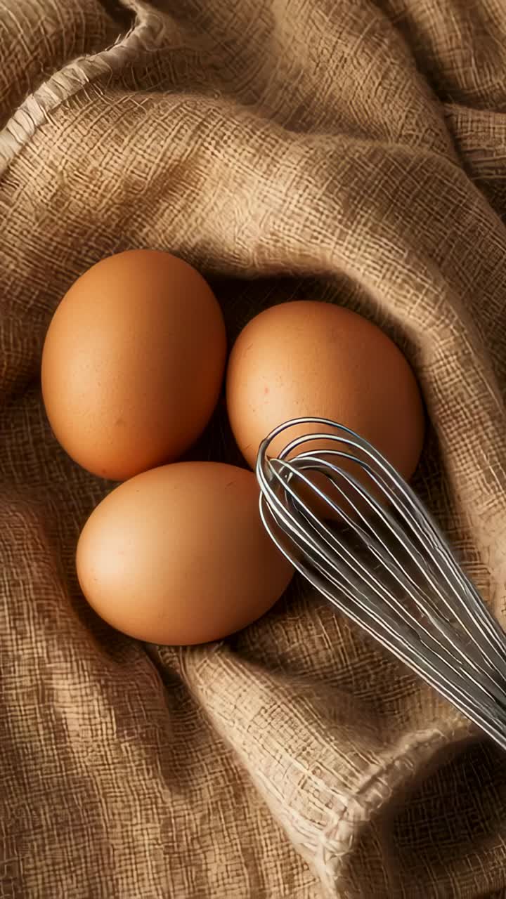 Vertical video: Entering metal whisk moving toward 3 brown eggs on beige linen preparing to whisk
