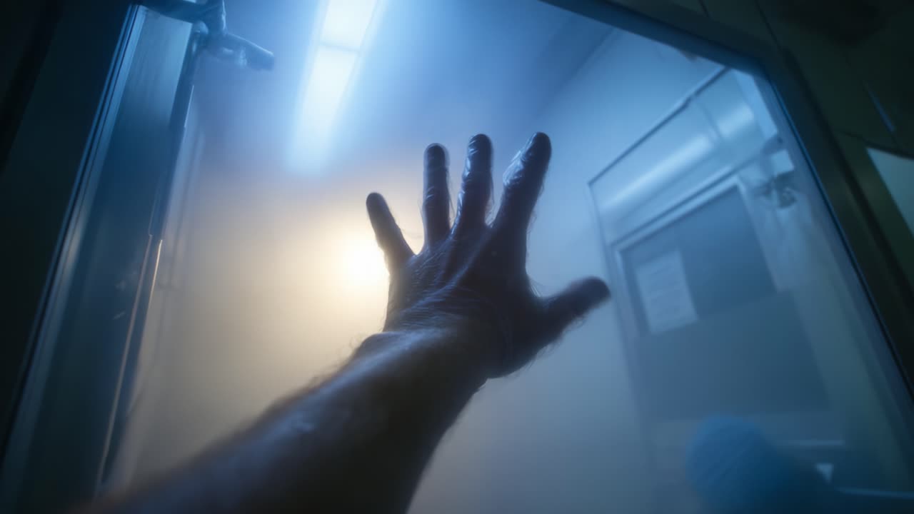 A Striking Visual of a Hand Reaching Out Through a Foggy Glass Pane, Emphasizing the Themes of Isolation, Longing, and the Quest for Connection in a Mysterious Environment