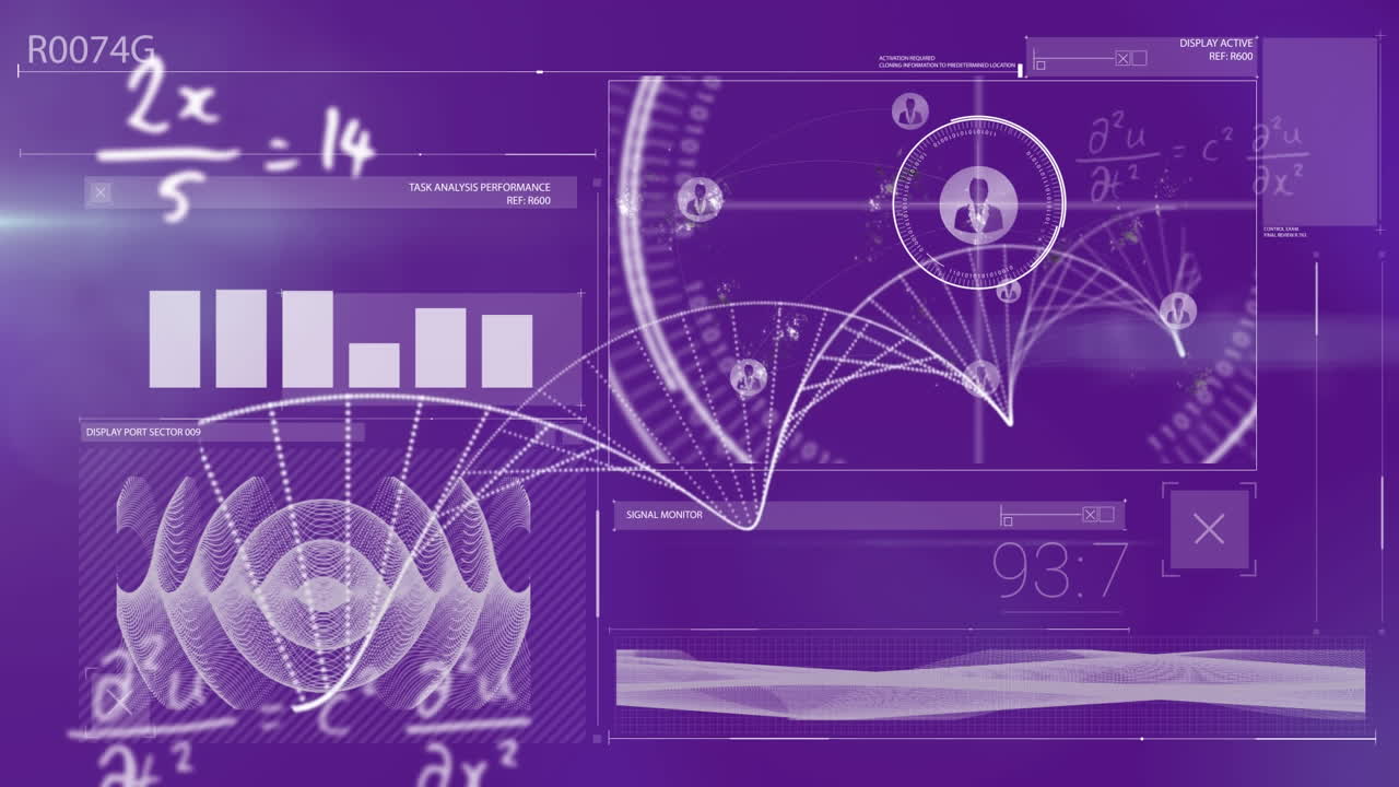 animación de procesamiento de datos y ecuaciones matemáticas sobre cadena de adn en fondo púrpura.