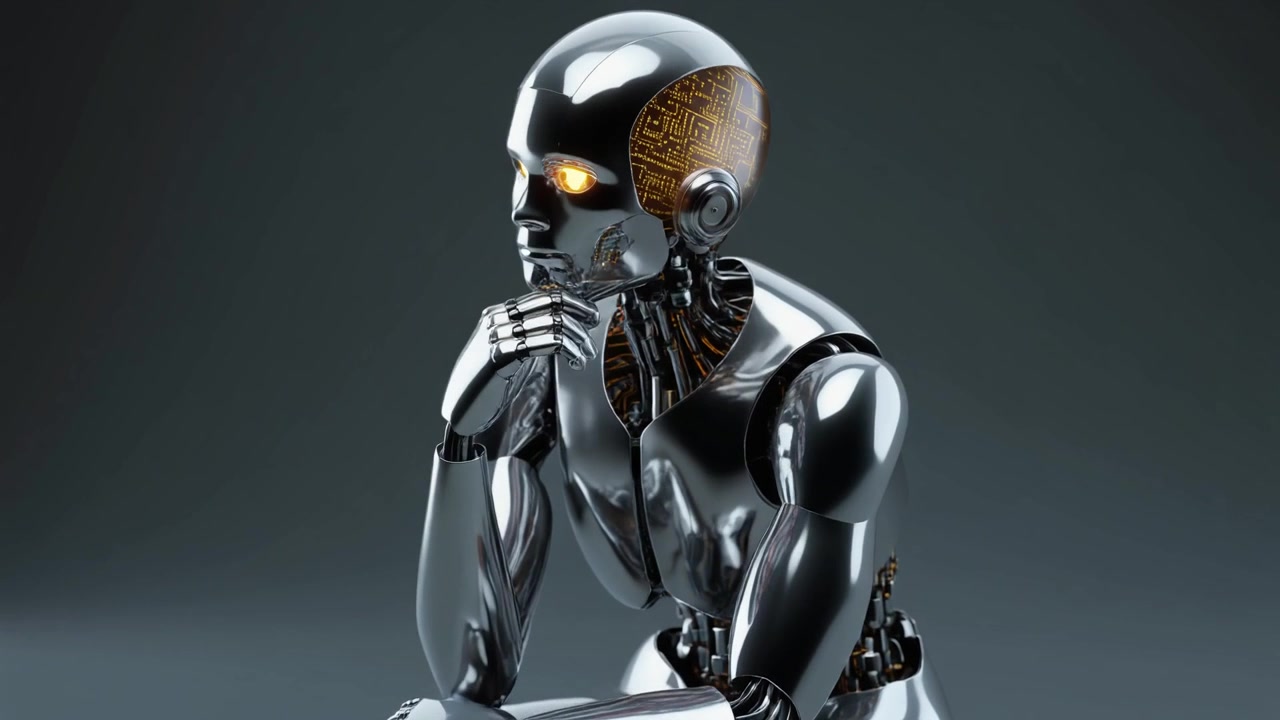Reflective Chrome Robot Sitting and Thinking