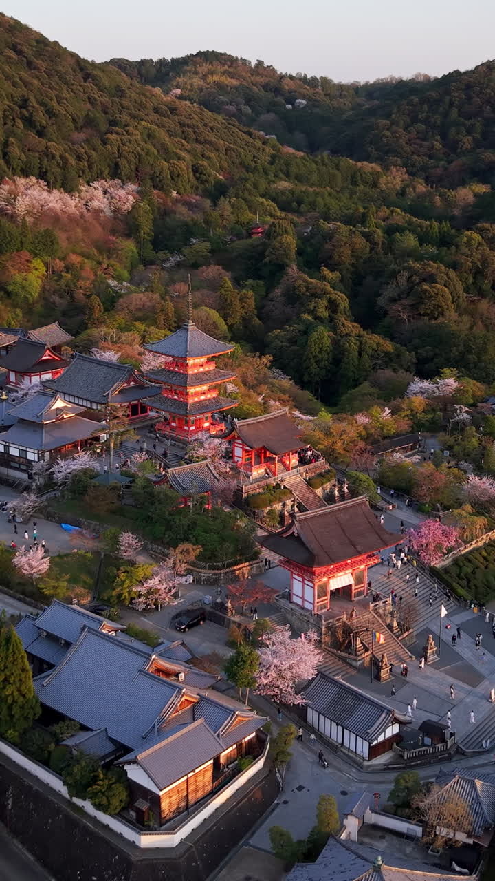 Aerial drone view of the Kiyomizu-dera temple at sunset in Kyoto, Japan