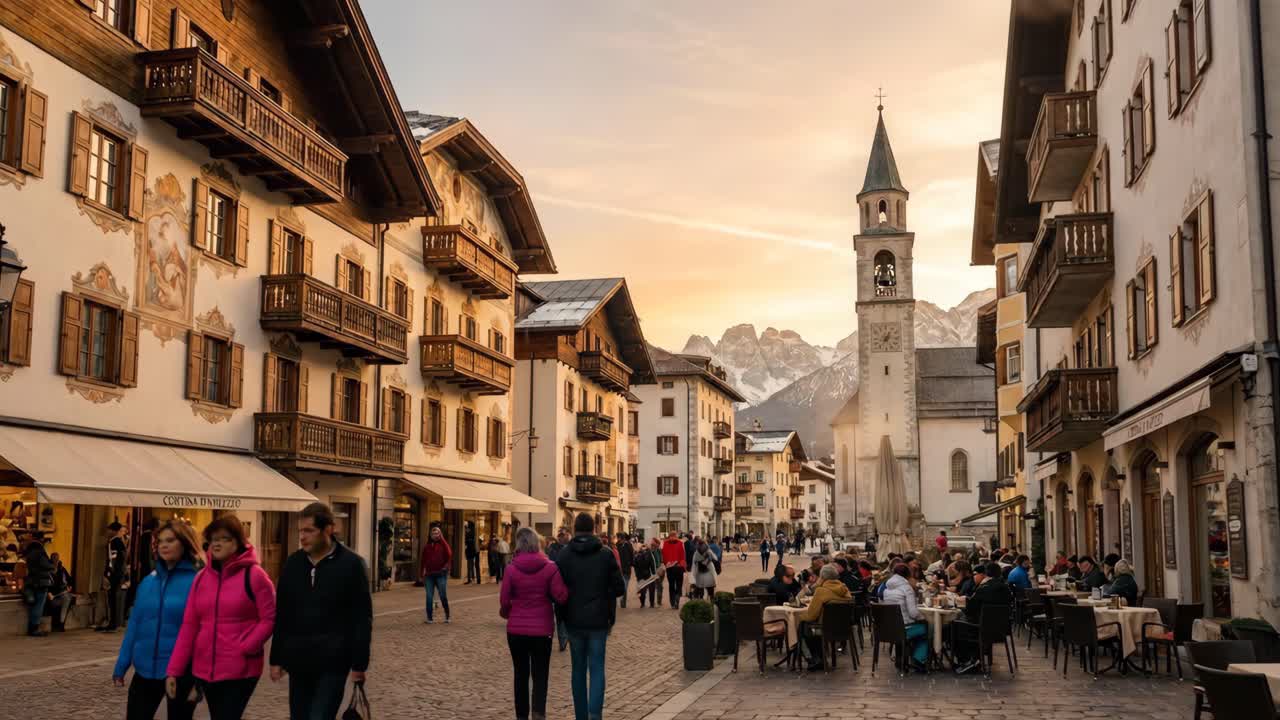 People Walking and Dining in Cortina d'Ampezzo Town Square at Sunset