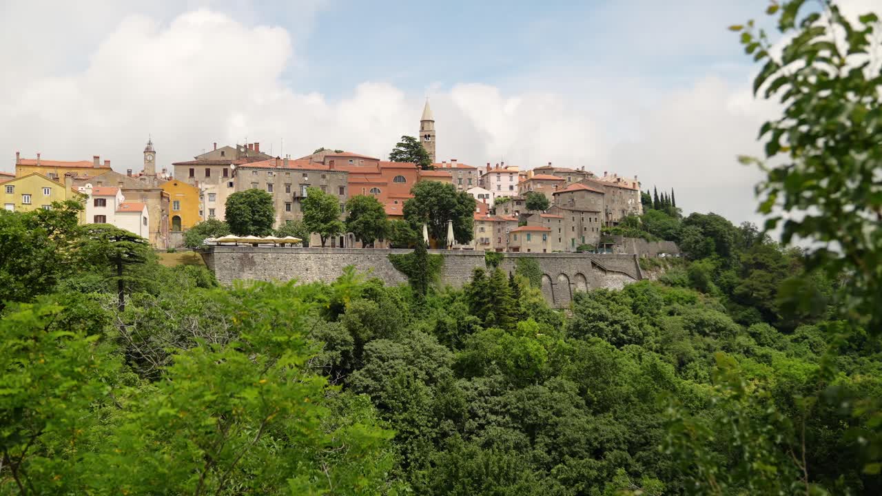 Città collinare di Labin circondata da alberi e vegetazione.