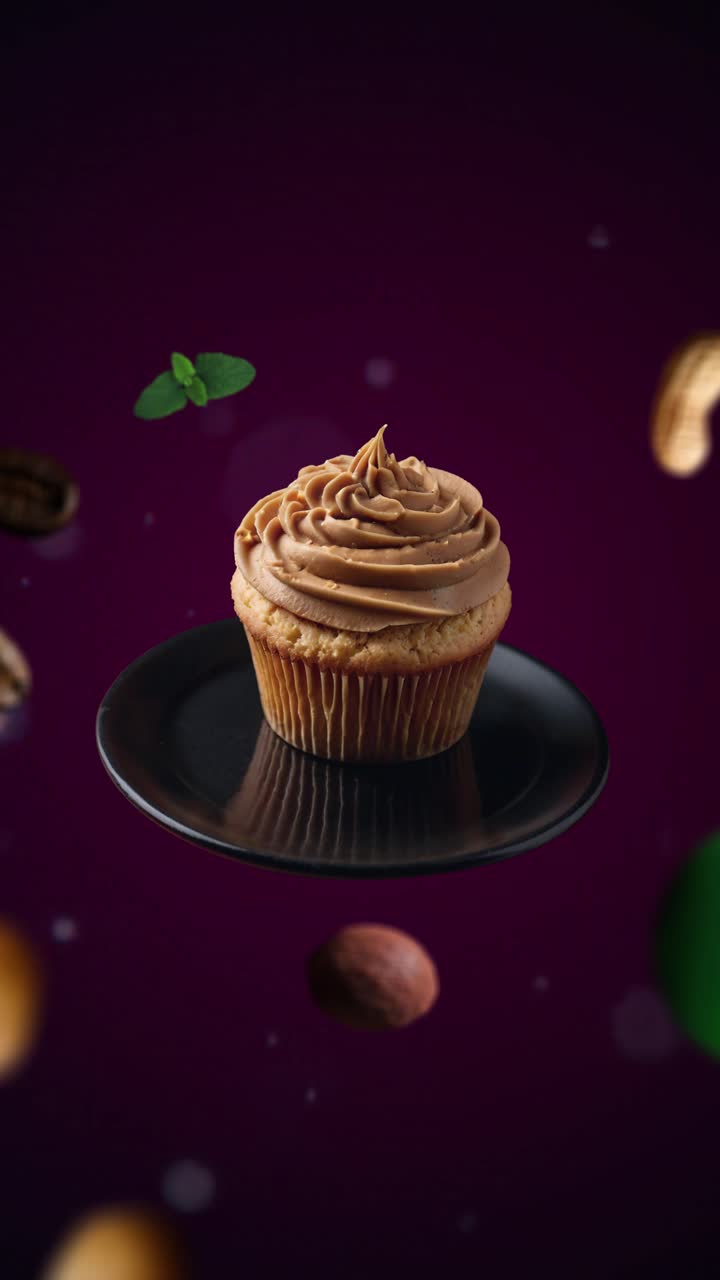 Intro animata al burro di arachidi per pubblicità o marketing per ristoranti, con gli ingredienti del dessert che volano in aria (sfondo viola) - video verticale per annunci di prezzo o promozioni