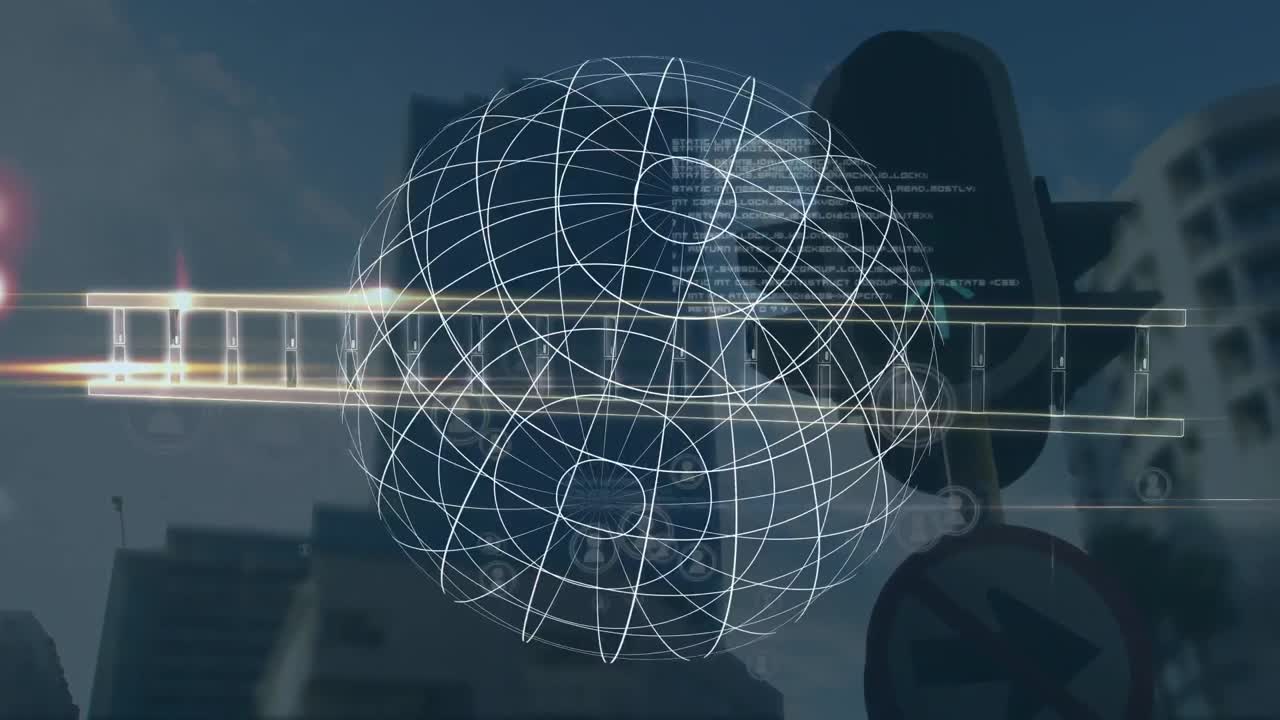 Animation of globe and data processing over traffic light