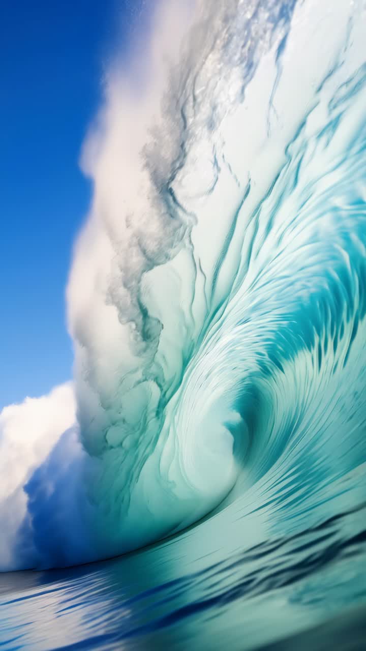 Onda dinamica catturata in un'inquadratura drammatica dal basso, che mostra motivi d'acqua vorticosi.