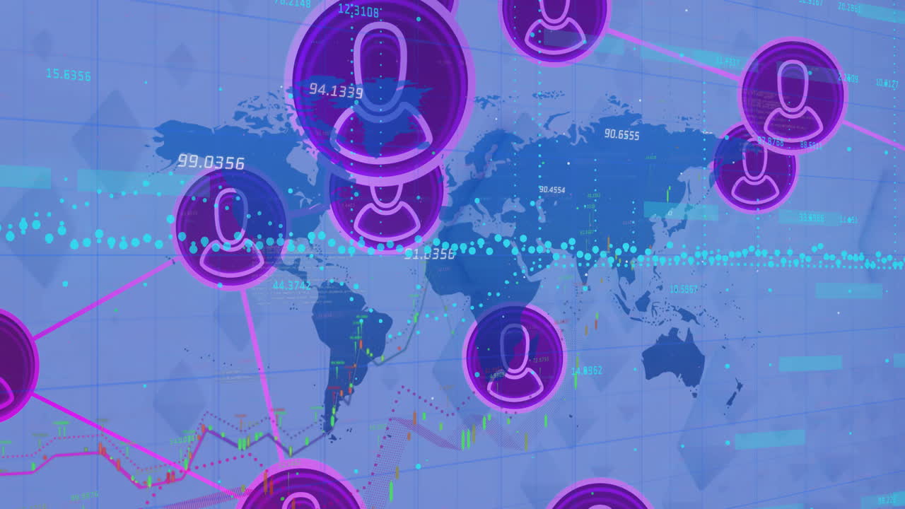 Animation of digital user icons and data analytics on world map background