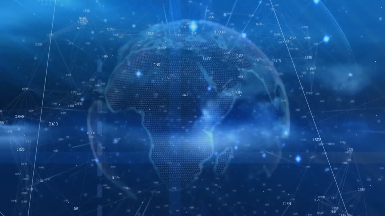 Animation of connections and digital data processing with globe over blue background