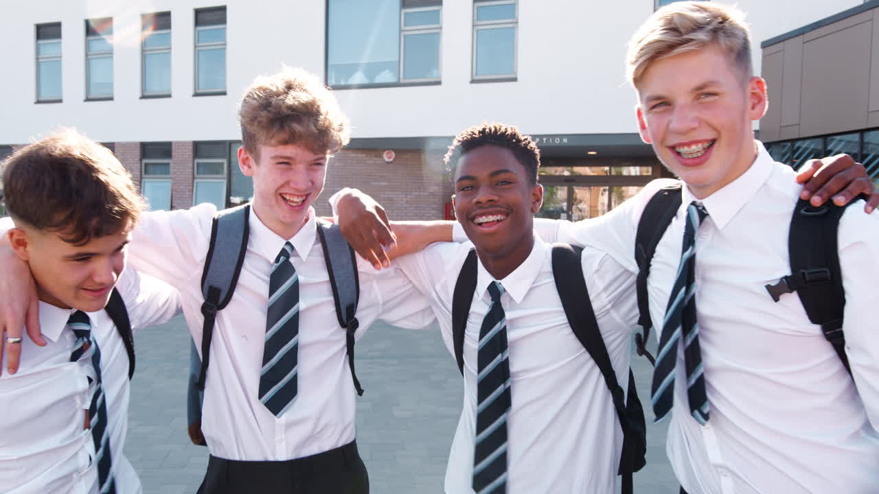 портрет улыбающихся студентов средней школы в униформе снаружи здания колледжа