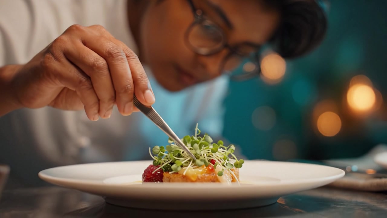 A skilled chef meticulously garnishing a beautifully plated dish in a well-designed kitchen, showcasing attention to detail in culinary art and presentation mastery.