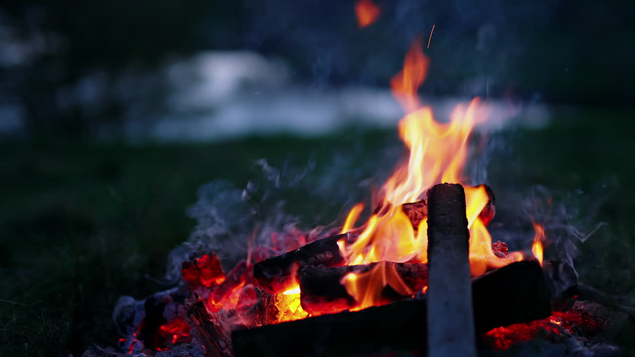Cozy and warming log fire. Fire flames of burning bonfire at night