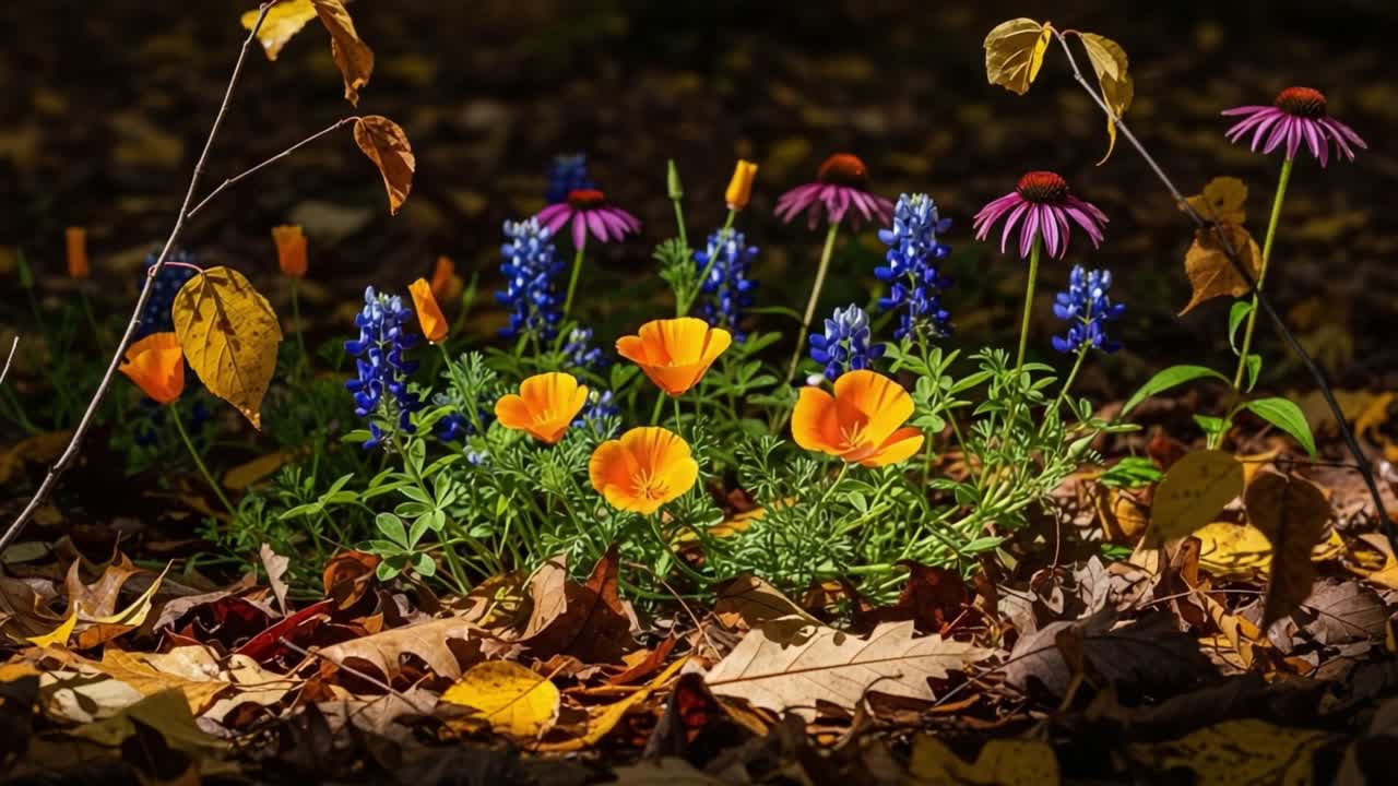 En fængslende udstilling af levende vilde blomster blandt efterårsblade, der viser naturens palets skønhed i et fredfyldt miljø.