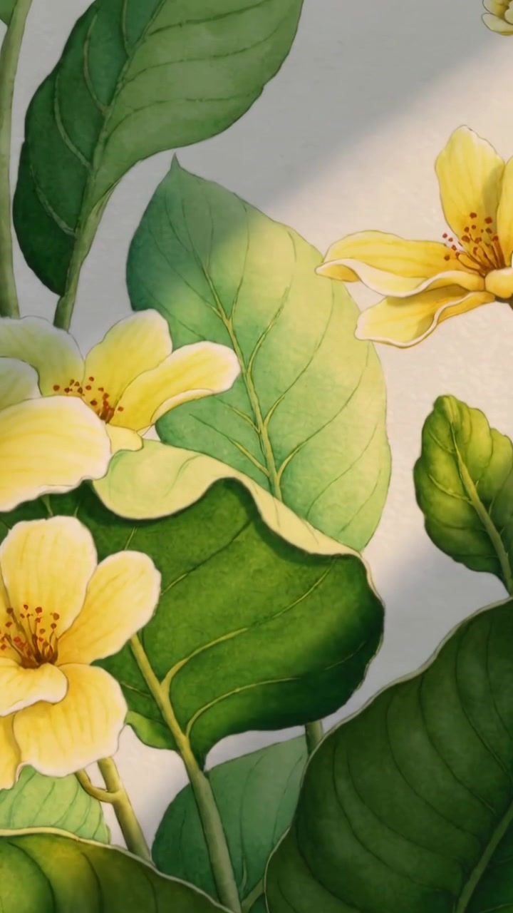 Vertical video: Panning camera revealing botanical mural on wall, showing right blooms, warm glow