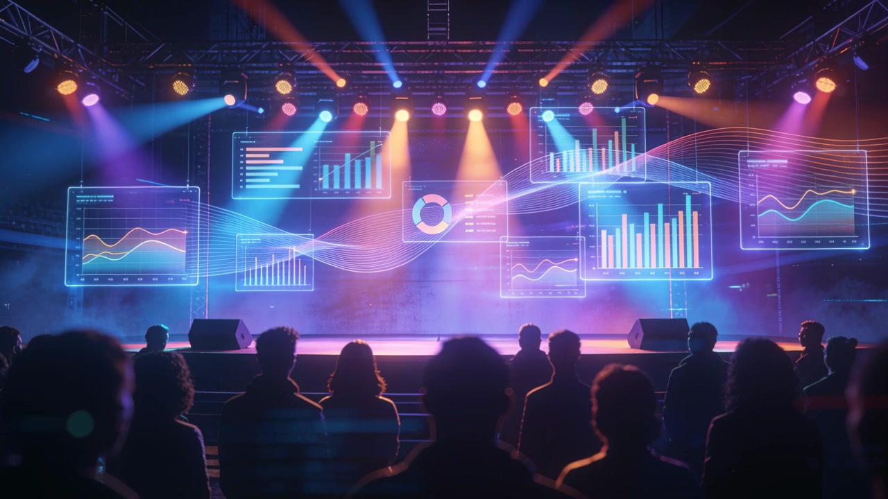 Lighting intensifying, holographic charts animating above stage at event hall for data presentation
