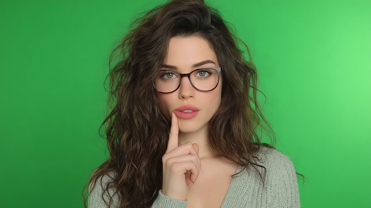 Una mujer pensativa con cabello rizado y gafas, posando sobre un vibrante fondo verde, transmite una sensación de curiosidad y contemplación con el dedo en los labios