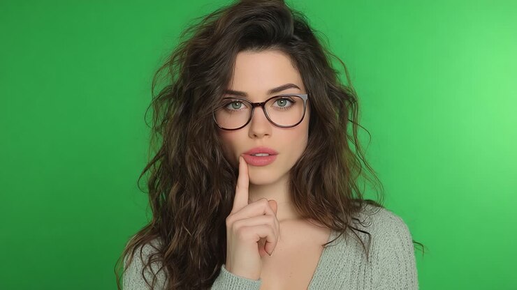 A thoughtful woman with curly hair and glasses poses against a vibrant green background, conveying a sense of curiosity and contemplation with her finger on her lips