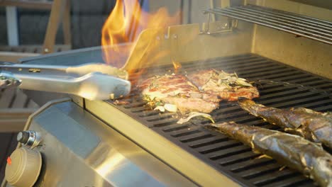 opening of grill with a delicious steak on it