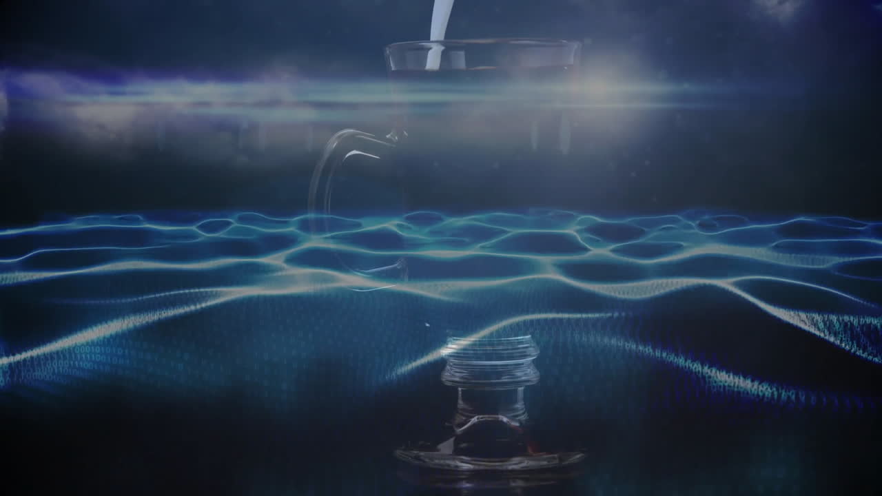 Transparent glass mug floating above neon blue waveform grid, with white liquid pouring in