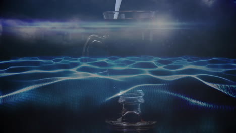 transparent glass mug floating above neon blue waveform grid, with white liquid pouring in