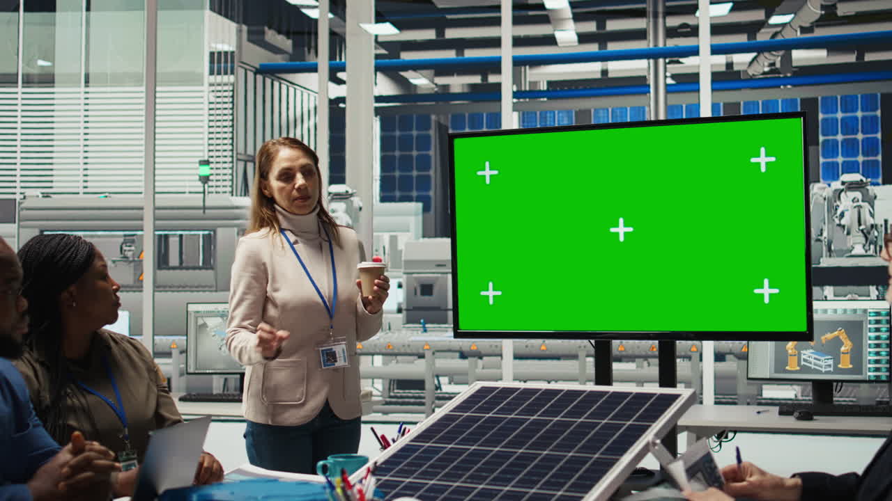 Photovoltaics Plant Researchers Doing Meeting, Looking At Chroma Key Monitor